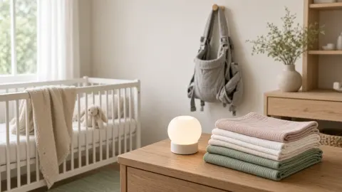 Calm neutral nursery with a white crib, a glowing round night light on a wooden dresser, a stack of pastel muslin cloths and a grey baby carrier hanging on a hook