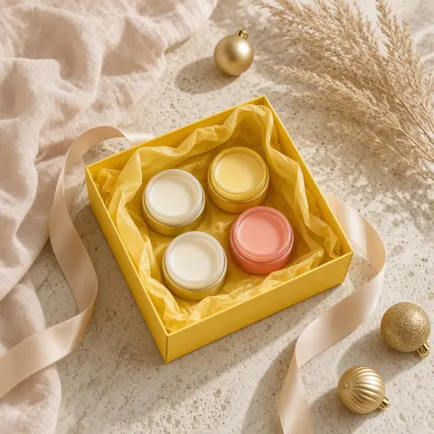An open yellow gift box lined with tissue holding four small jars of body cream, with satin ribbon, gold ornaments and dried pampas grass on a stone surface