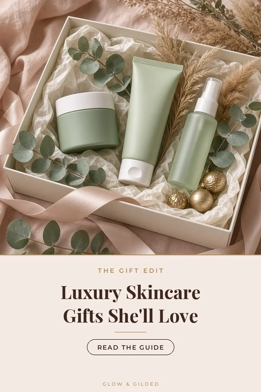 Luxury skincare gifts arranged on marble: a cleansing balm jar, a moisturizer, a lip mask and a folded black silk pillowcase