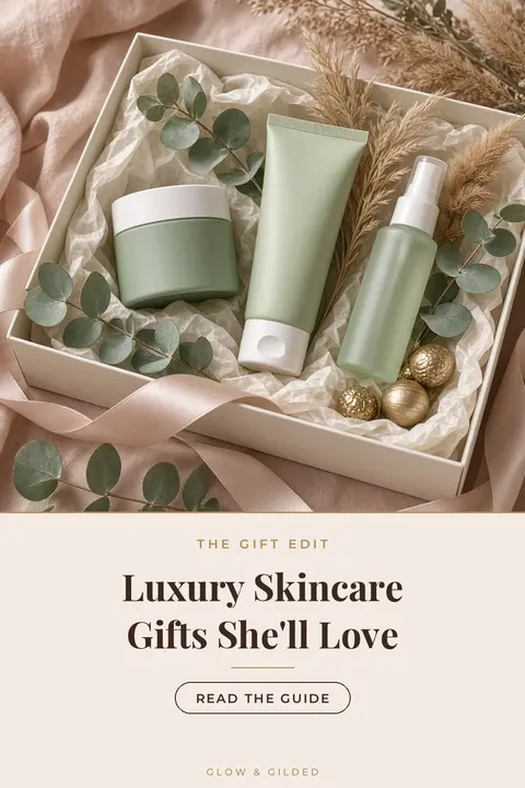 Luxury skincare gifts arranged on marble: a cleansing balm jar, a moisturizer, a lip mask and a folded black silk pillowcase