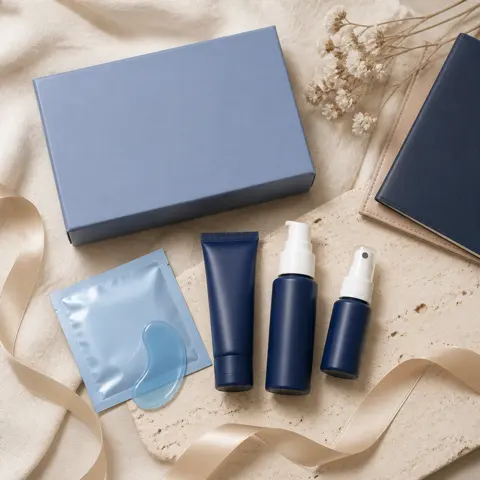 A periwinkle gift box, a pale blue eye-patch sachet with a blue hydrogel patch, and three navy travel-size skincare bottles on cream linen with a champagne ribbon