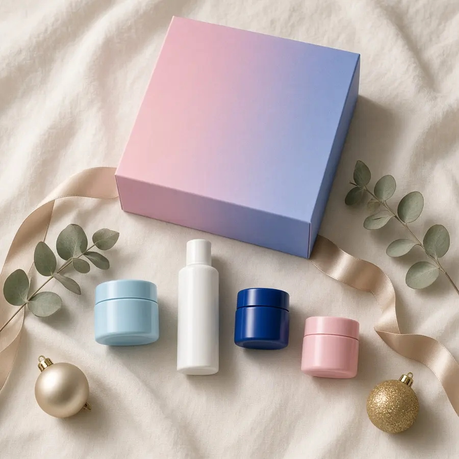 A pink-to-periwinkle gift box with four mini skincare jars and a slim bottle on cream linen, with champagne ribbon, eucalyptus and gold ornaments
