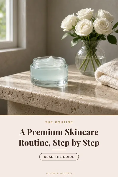 A premium skincare routine laid out in order on a bathroom counter: cleansing balm, liquid exfoliant, night cream and lip mask