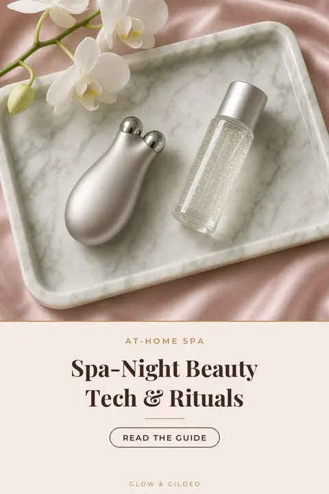 An at-home spa night setup: candles, a folded towel, an LED face mask, a cleansing balm and a silk pillowcase on a bed
