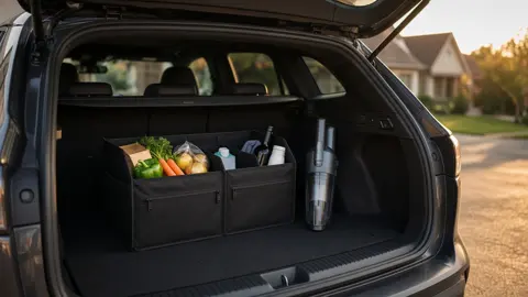 Clean car interior with a phone in a dashboard vent mount, a small trash bin on the back of the passenger seat, and an open trunk with a black collapsible organizer holding groceries