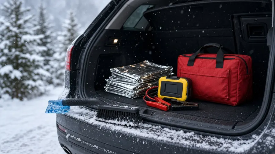 Open SUV trunk in falling snow holding a red roadside emergency bag, a yellow portable jump starter with clamps, folded silver emergency blankets and a snow brush with ice scraper