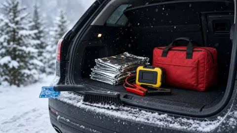 Open SUV trunk in falling snow holding a red roadside emergency bag, a yellow portable jump starter with clamps, folded silver emergency blankets and a snow brush with ice scraper