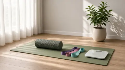 Sunny home workout corner with a sage green yoga mat, a textured foam roller, three resistance loop bands and a white smart scale on a wood floor