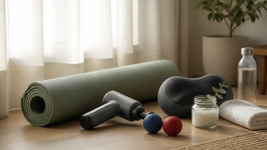 A calm home recovery corner with a rolled sage green yoga mat, a grey massage gun, two lacrosse massage balls, a neck massager and a jar of Epsom bath salts with eucalyptus
