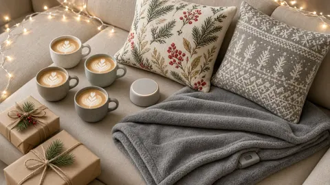 Cozy sofa flat lay with a folded grey heated throw, two festive pillows, four latte mugs, a small round smart speaker and kraft-wrapped gifts with fairy lights