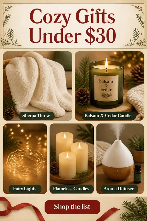 Cozy Christmas gift ideas under $30: a cream sherpa throw, a balsam and cedar candle, warm fairy lights and a white diffuser