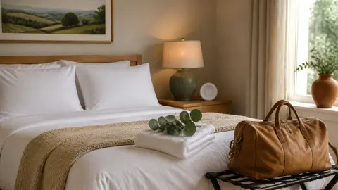 A bright guest bedroom with a freshly made white bed, plump pillows, a knit throw, a small white sound machine on an oak nightstand and a luggage rack holding a leather weekender bag