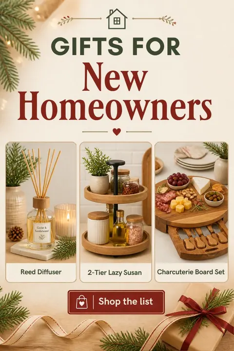 Housewarming gift ideas for new homeowners: a wooden charcuterie board, a reed diffuser and a soft throw in a bright living room
