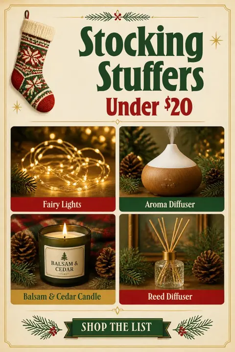 Small stocking stuffers for home lovers arranged by a fireplace: fairy lights, a small diffuser, a reed diffuser and a holiday candle