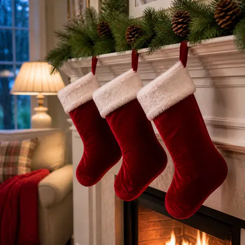 Three red velvet Christmas stockings with white plush cuffs hanging from a white mantel with pine garland above a glowing fireplace