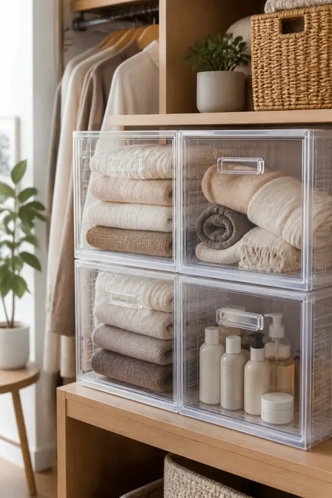 Clear stackable storage drawers holding folded cream and beige knit throws and towels below a wooden shelf in a small apartment