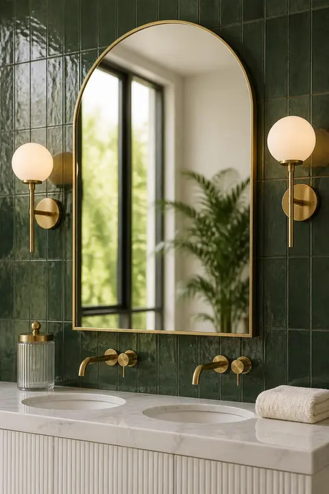 Thin gold arched mirror between two brass globe sconces on a glossy emerald green tile wall above a marble double vanity