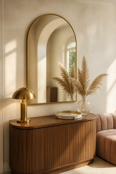 Thin gold arched mirror above a fluted walnut sideboard with a brass dome lamp, a marble tray and pampas grass in a sunlit Art Deco entryway
