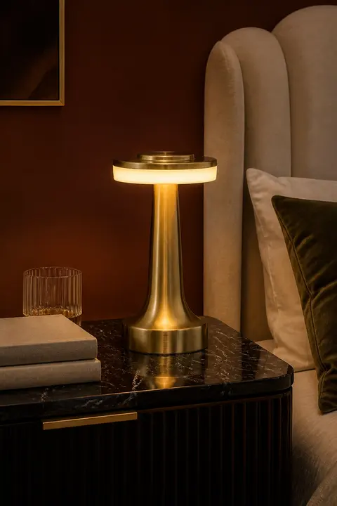 Gold cordless mushroom table lamp glowing on a black marble nightstand beside a cream channel-tufted headboard in a moody Art Deco bedroom