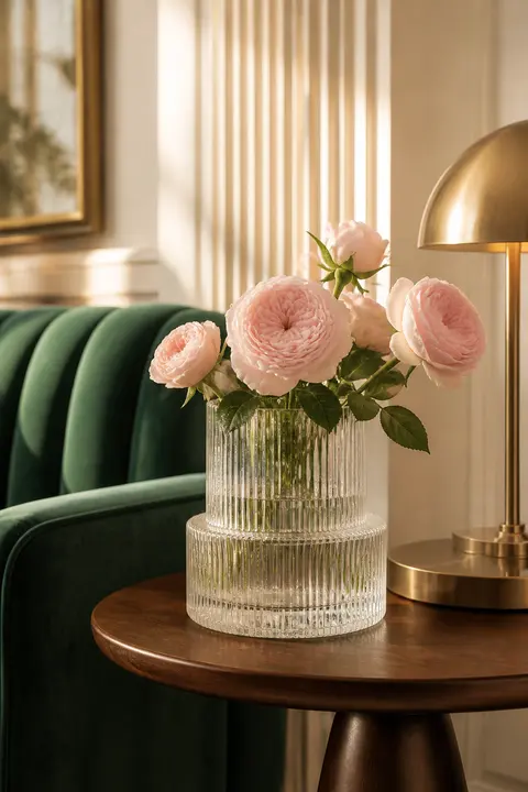 Clear two-tier ribbed glass vase holding blush garden roses on a walnut side table beside an emerald velvet chair and a brass dome lamp