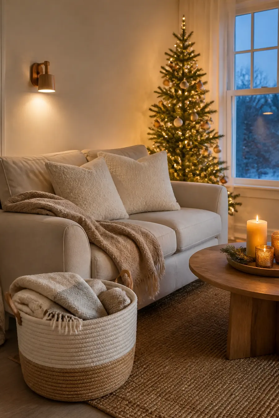 Cozy living room at dusk with a cream sofa, two ivory boucle pillows, a woven rope basket of throw blankets, a glowing wall light, candles and a lit Christmas tree