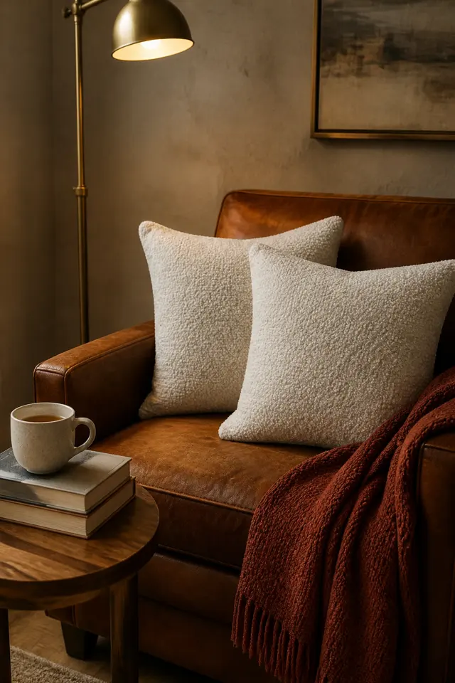 Two ivory boucle pillows on a cognac leather armchair beside a rust knit throw and a mug of tea