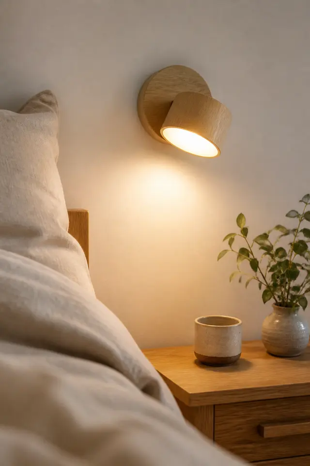 Light wood-look cordless wall sconce glowing warm white above a bedside table with a plant