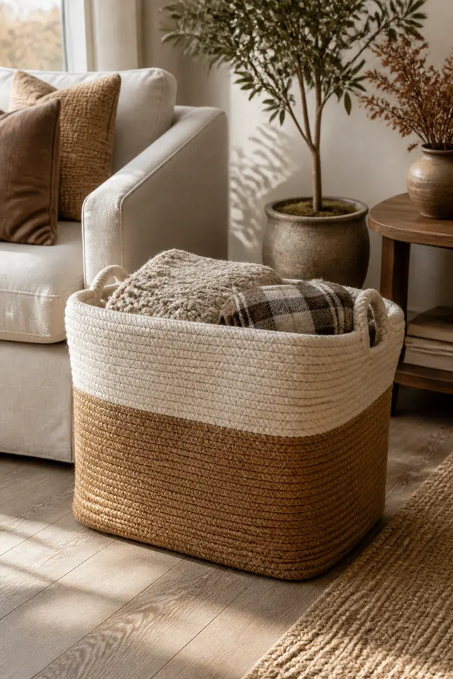 Woven cotton rope blanket basket in cream and tan holding folded throw blankets beside a linen sofa