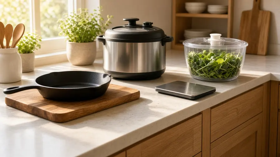 Sunlit kitchen counter with a black cast iron skillet on a wooden board, a stainless pressure cooker, a salad spinner full of greens and a slim digital scale