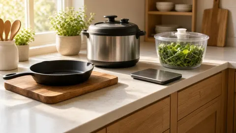 Sunlit kitchen counter with a black cast iron skillet on a wooden board, a stainless pressure cooker, a salad spinner full of greens and a slim digital scale