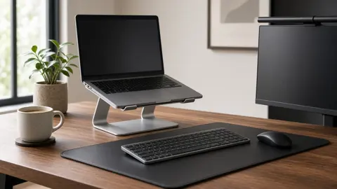 Minimal wooden desk by a window with a laptop raised on an aluminum stand, a light bar on top of a monitor, a black desk mat with a wireless keyboard and mouse, a plant and a coffee mug