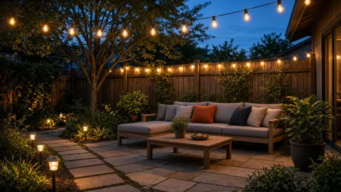 Backyard patio at dusk with Edison string lights overhead, globe lights along a wooden fence, small path lights beside a stone walkway and an outdoor sofa
