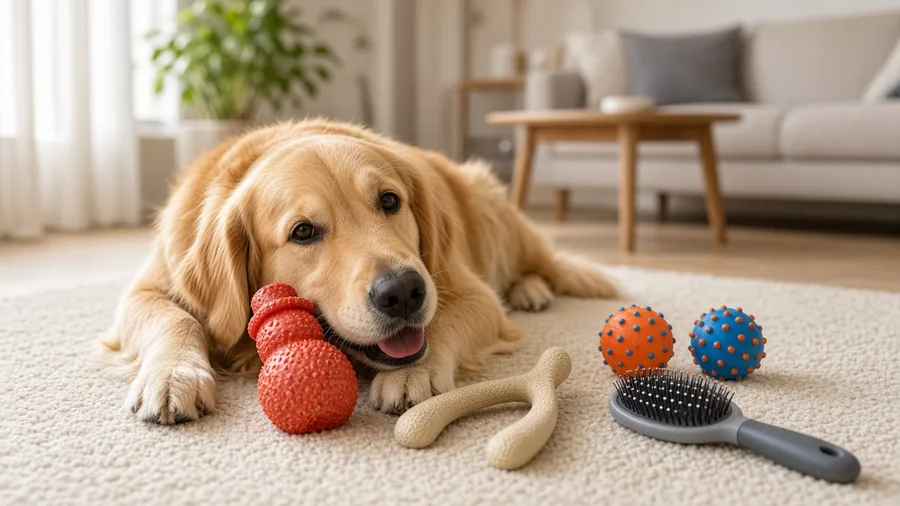 Happy golden retriever lying on a cream rug in a bright living room next to a red rubber stuffable toy, a wishbone chew, two rubber fetch balls and a slicker brush