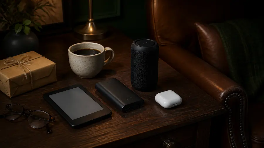 A walnut desk beside a leather armchair with a black e-reader, a portable speaker, a power bank, wireless earbuds, coffee, reading glasses and a kraft paper gift box