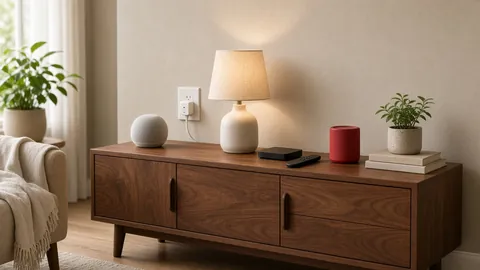 Walnut media console in a sunlit living room with a round smart speaker, a smart plug powering a glowing table lamp, a streaming stick with voice remote and a red portable bluetooth speaker