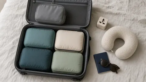 Open carry-on suitcase on a bed with colorful packing cubes, a hanging toiletry bag, a universal travel adapter and a neck pillow next to a passport